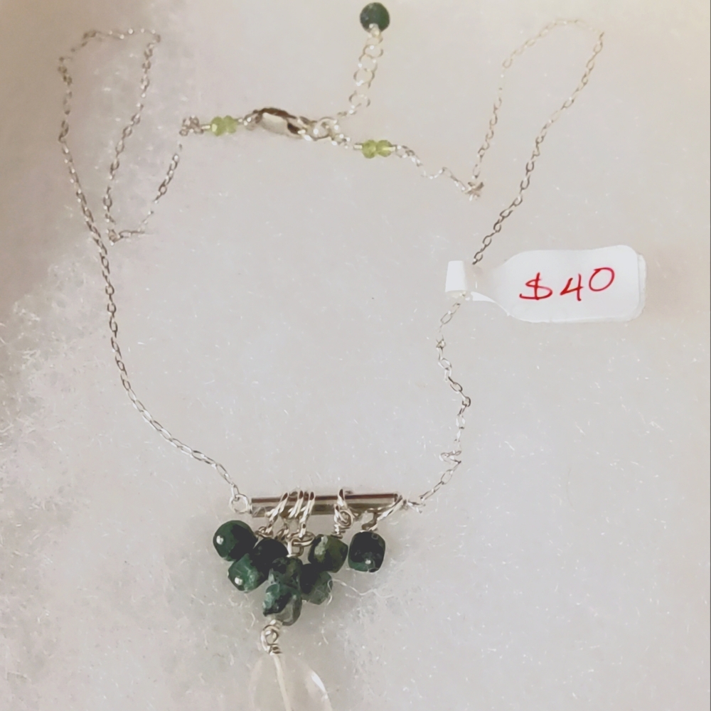 🇨🇦 Artisan Necklace, Green Stones & Crystal Pendant